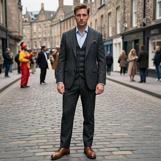 Photograph of a tall, handsome man in a dark gray three-piece suit with a blue shirt, standing on a cobblestone street, surrounded by