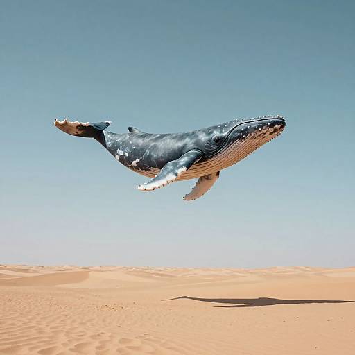 Photorealistic CGI of a massive blue and white humpback whale soaring above a vast, sunlit, orange desert sand dune.