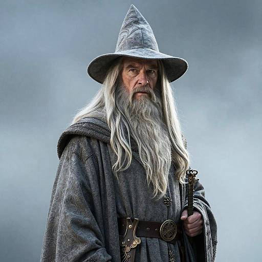 Photograph of an elderly wizard with a long white beard, gray pointed hat, and dark robe, holding a staff, against a misty blue-gray