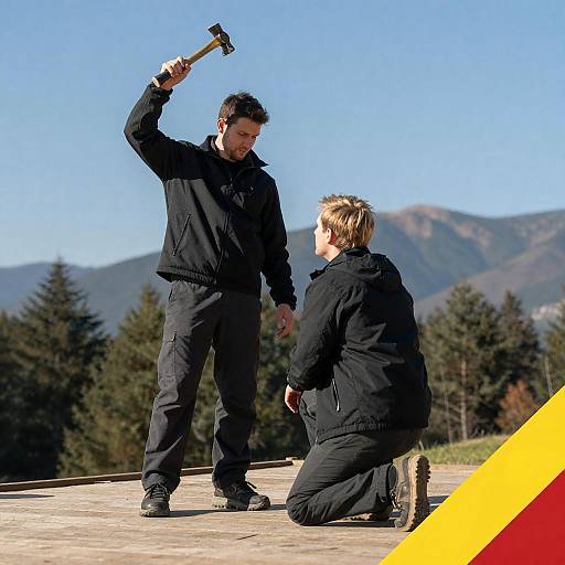 Man Raising Hammer Over Kneeling Figure