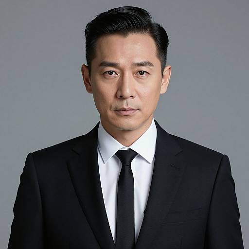 Photograph of an Asian man with short black hair, wearing a black suit, white shirt, and black tie, against a gray background.