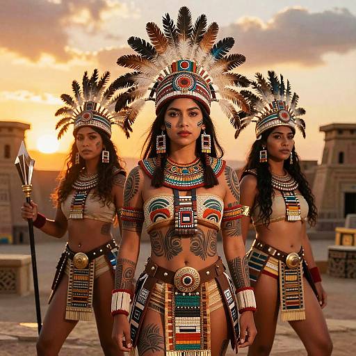 Photograph of three Native American women in traditional feathered headdresses, adorned with colorful beadwork and tattoos, standing against a sunset backdrop with ancient stone