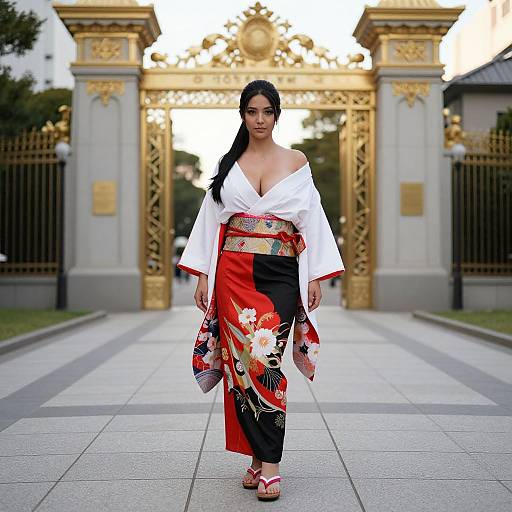Photograph of an Asian woman with long black hair, wearing a white off-shoulder kimono with red and black floral patterns, and red sandals