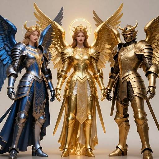 Photograph of three angelic armored warriors: left with blue wings, center with golden wings and crown, right in gold armor, standing in a lit