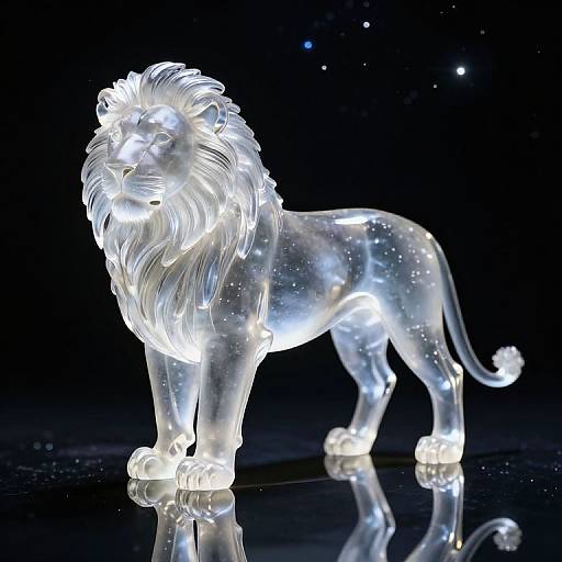 Glowing translucent lion statue illuminated with white light against a dark background, resembling a constellation with star-like points.