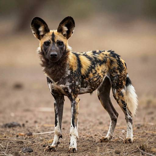 Photograph of an African wild dog with a striking black, yellow, and white patterned coat, standing on dry, brown earth in a blurred,