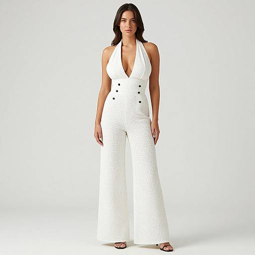 Photograph of a confident woman with long dark hair, wearing a white, halter-neck, high-waisted, button-front, crochet jumpsuit