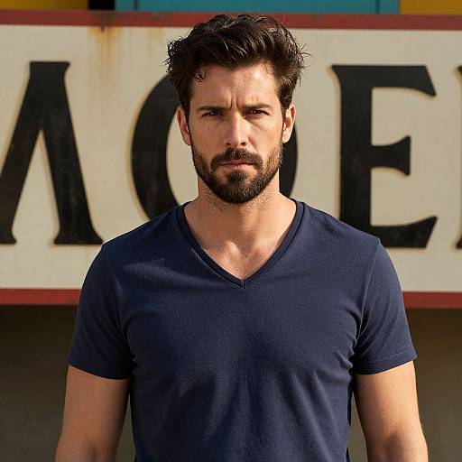 Photograph of a bearded, dark-haired man with a serious expression, wearing a navy V-neck t-shirt, standing in front of a partially visible