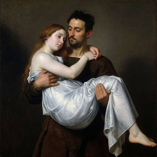 Classical-style painting of a bearded man in dark clothes gently holding a pale, red-haired woman in a white, translucent dress against a dark background