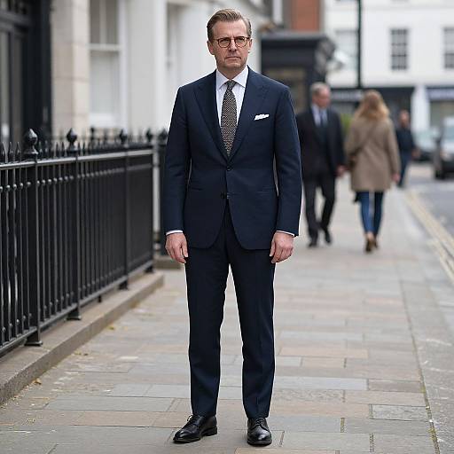 Photograph of a serious, suited, glasses-wearing man standing on a city sidewalk, with blurred pedestrians in the background. Black suit, white shirt