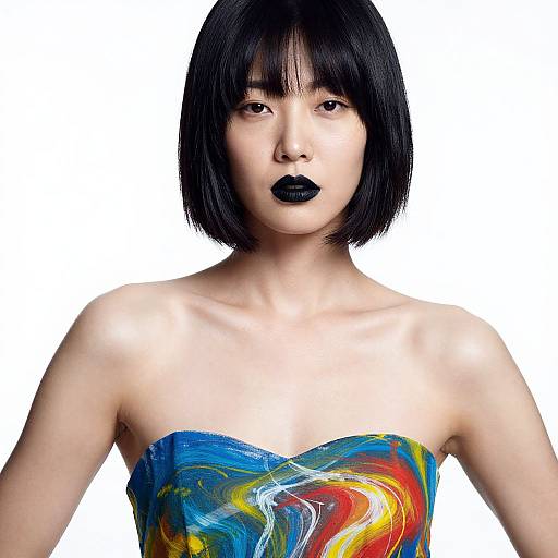 Photograph of an Asian woman with a black bob haircut, black lipstick, and a strapless dress with colorful abstract swirls.