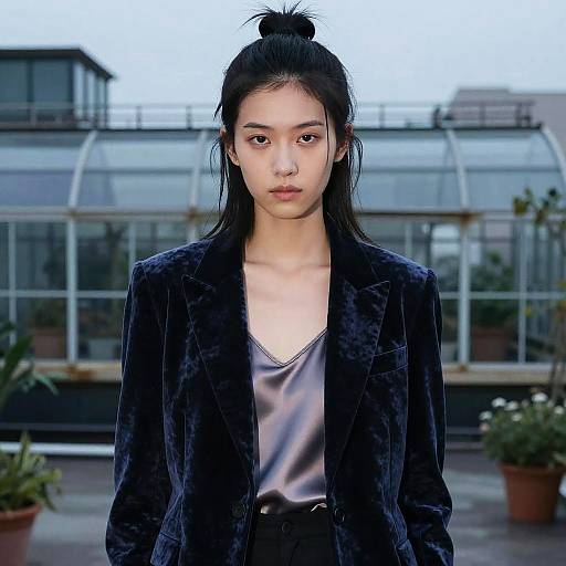 Androgynous Model with Half Knot Hairstyle in Velvet Blazer