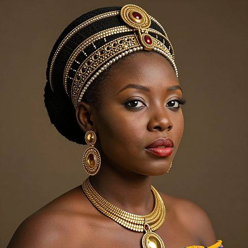 Photograph of a regal African woman with dark skin, wearing an intricate gold headpiece, matching earrings, and necklace, against a brown background.