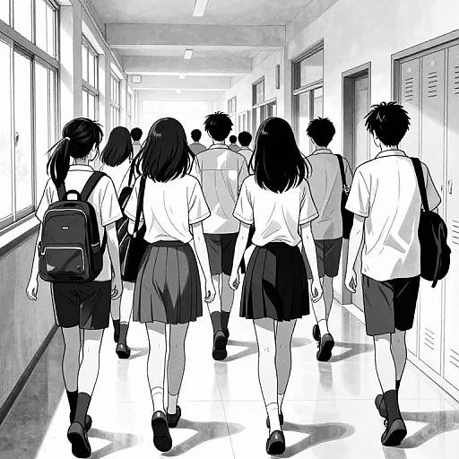 Black-and-white manga-style drawing of a school hallway, showing students with backpacks and uniforms walking away from the viewer.
