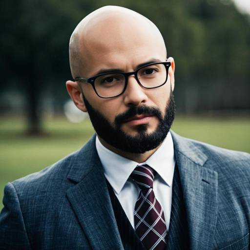 Bald man with beard in formal suit outdoors