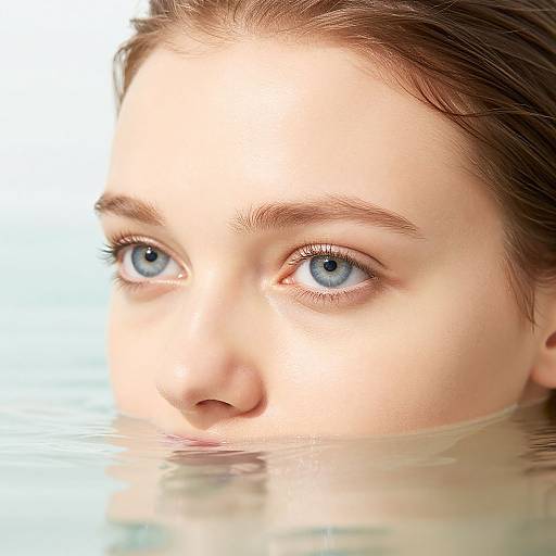 Close-up photograph of a fair-skinned woman with blue eyes, brown hair, and slight freckles, partially submerged in clear water.