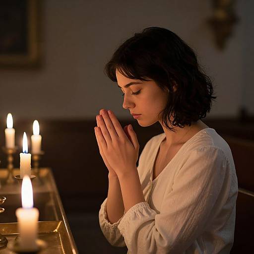 Photograph of a young woman with short black hair, wearing a white blouse, praying with hands raised, illuminated by candlelight.