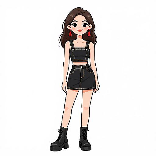 Digital anime-style drawing of a young woman with long brown hair, black sleeveless top, high-waisted black skirt, black boots, and red