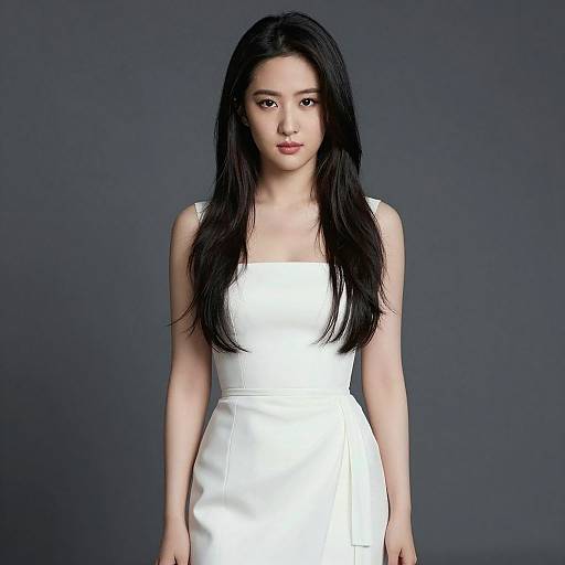 Photograph of an Asian woman with long black hair, wearing a sleeveless white dress against a dark gray background.