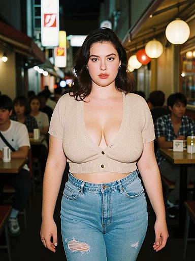 Photograph of a curvy woman with fair skin and dark hair, wearing a beige cropped top and high-waisted blue jeans, standing confidently in