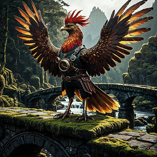 Majestic Anthropomorphic Phoenix on Mossy Stone Bridge