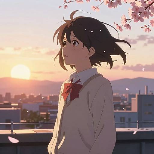Anime-style digital drawing of a short-haired girl with brown hair, wearing a white school uniform with a red bowtie, standing on a rooftop at sunset