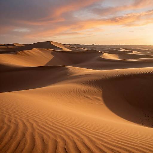 Photograph of a sunlit desert with rippled sand dunes, casting long shadows, under a vibrant orange and purple sunset sky.