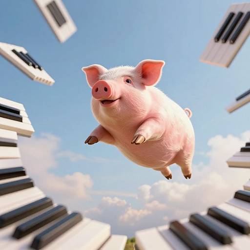 Digital CGI of a pink pig flying through a blue sky with black-and-white keyboards floating around it, smiling happily.