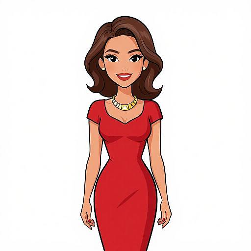 Digital illustration of a smiling woman with brown hair, wearing a red dress and gold necklace, standing against a white background.