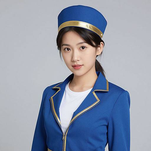 Photograph of an East Asian woman with fair skin, black hair in a ponytail, wearing a blue airline uniform with gold trim, white shirt,