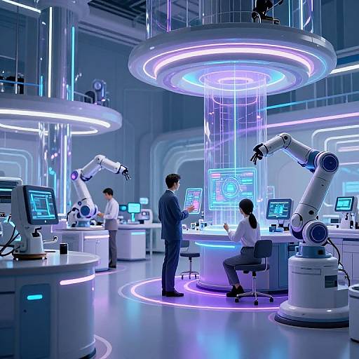 Photograph of a futuristic lab with three scientists, two men and one woman, using robotic arms and glowing blue-lit equipment.