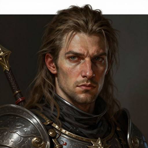 Digital portrait of a serious, long-haired man in medieval armor with a sword sheath visible, dark background, white horizontal border.