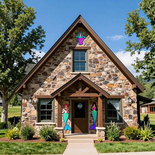 Colorful stone house with two mermaid window decorations, blue sky, trees, and lush green lawn. Vibrant, whimsical, and charming.