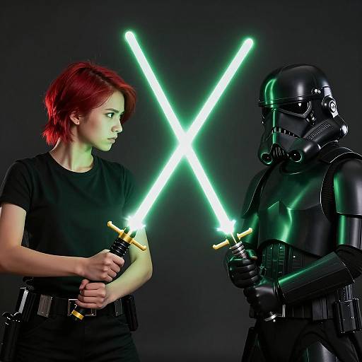 Young Person Facing Black Stormtrooper with Crossing Green Lightsabers