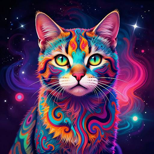 Digital art of a vibrant, colorful cat with neon swirls, glowing eyes, and a cosmic background featuring stars and swirling patterns.