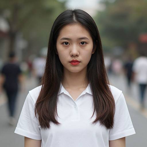 Photograph of an Asian woman with straight black hair, red lipstick, wearing a white short-sleeve shirt, standing on a blurred city street.