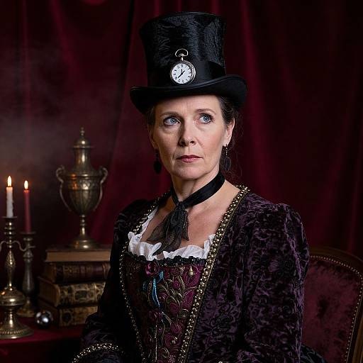 Photograph of a serious middle-aged woman in Victorian attire, black top hat with clock, dark velvet dress, white lace trim, red candlelit background