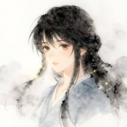 Digital anime-style drawing of a young woman with long black hair, pale skin, and delicate features, wearing a blue and white kimono, softly illuminated