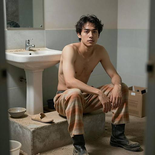 Shirtless Man in Dim Bathroom Setting