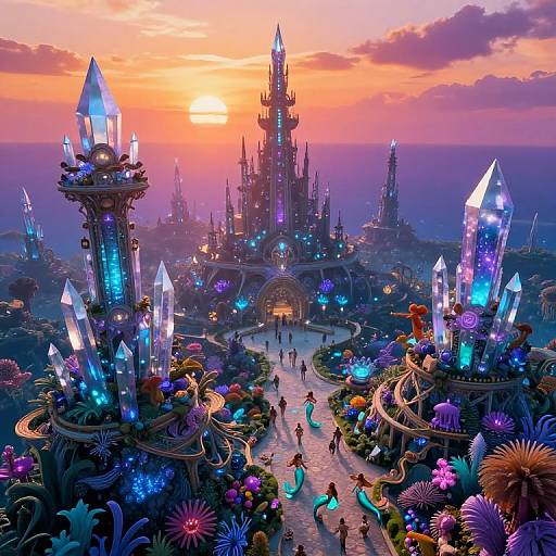 Fantasy digital artwork: Vibrant, crystal-topped towers illuminate a magical, sunset-lit city with glowing plants, colorful flowers, and small figures