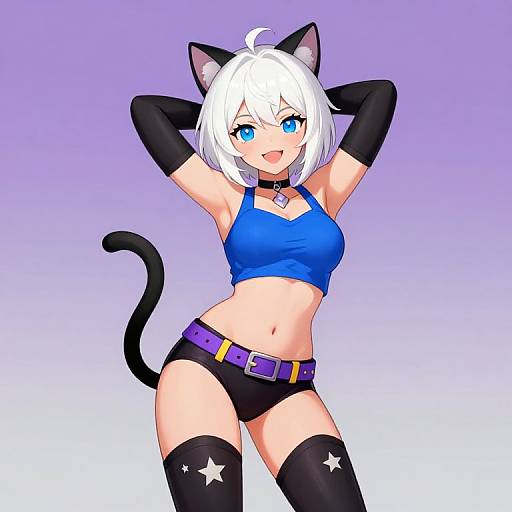 Anime-style digital drawing of a white-haired, blue-eyed catgirl with black cat ears, tail, and thigh-high stockings, wearing a blue crop top