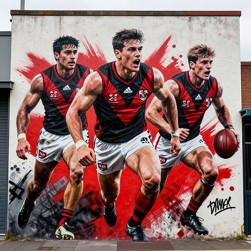 Graffiti mural of three muscular male Australian football players in red-black jerseys and white shorts, running, holding a ball, with red splashes background
