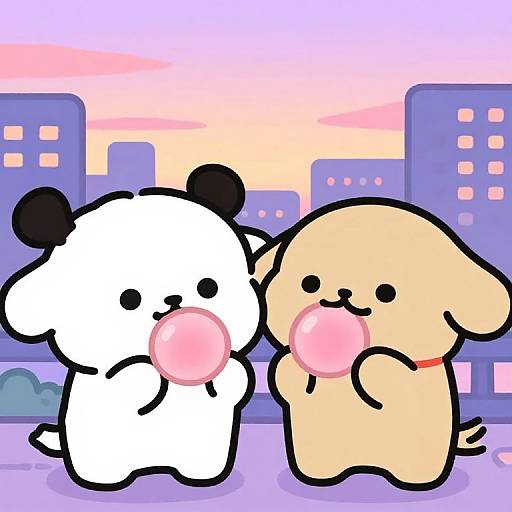 Cute digital illustration of two chibi-style dogs, one white with black ears and one beige, both blowing pink bubbles in a pastel sunset city