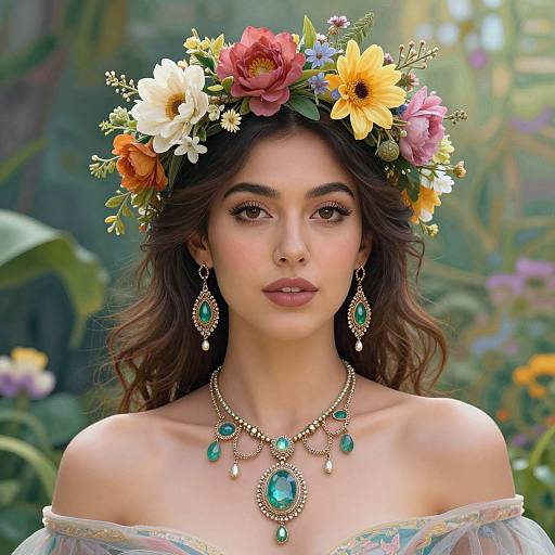 Photograph of a beautiful woman with dark wavy hair, wearing a colorful flower crown, teal gemstone necklace and earrings, and an off-should