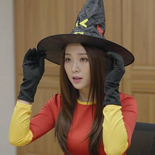 Asian Woman in Patterned Witch Hat