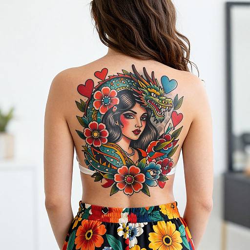 Photograph of a woman with long brown hair, facing away, showcasing a vibrant, colorful tattoo on her back: a detailed, floral, heart-ad