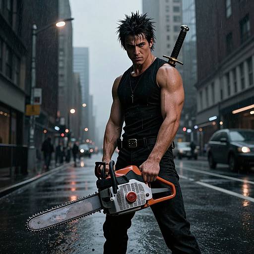 Photograph of a muscular, dark-haired man in a black tank top and pants, holding a chainsaw with an orange handle, standing in a rainy