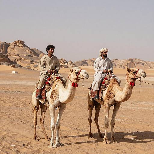Two Men Riding Camels in Desert