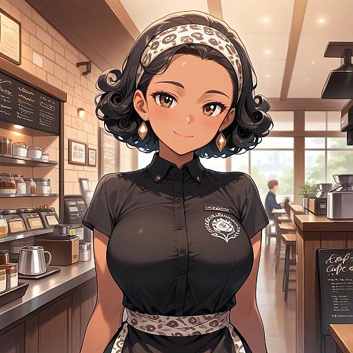 Happy Barista in Cafe with Curly Hair