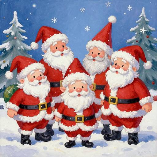 Digital illustration of four cheerful, chubby Santa Clauses with white beards and red suits, standing in snowy forest with snow-covered trees and a starry